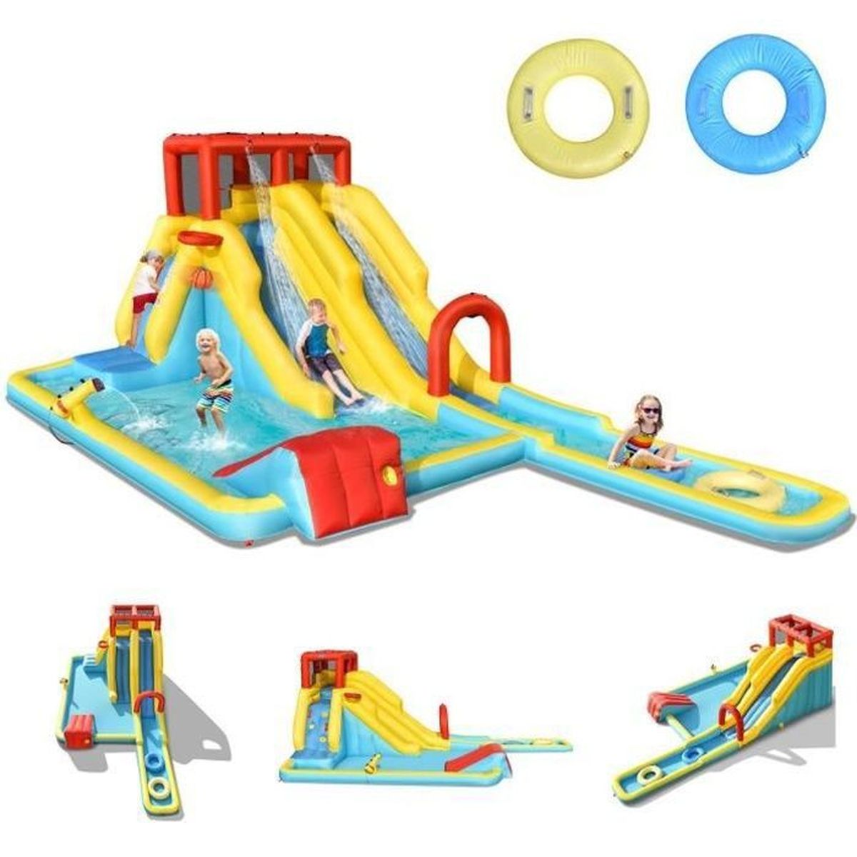 DREAMADE 7 en 1 Château Gonflable Aquatique, Aire de Jeux avec Double Toboggans, Piscine, Canon