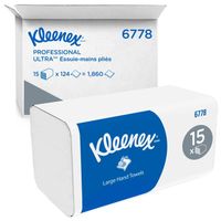 Essuie-mains enchevêtrés grand format Kleenex 6778 - 2 épaisseurs pliés en V - 15 paquets x 124 en papier (1 860 au total)
