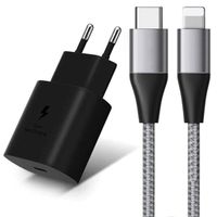 Chargeur USB-C 25W + Câble USB-C vers Lightning 1 Mètre 3A Gris pour iPhone 14 Pro Max, 14 Plus, 14 Pro, 14, 13, 12, 11