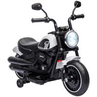 Moto électrique enfant 6 V 3 Km-h effet lumineux roulettes amovibles repose-pied pédale métal PP blanc noir