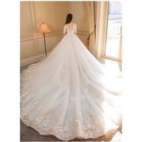 Khaki S haute qualité 2020 nouvelles robes de mariée à manches affleurantes dentelle fine pelucheuse robe de mariée Voyage queue
