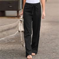 Mode femmes couleur unie ceintures en lin droites pantalons longs décontractés Noir