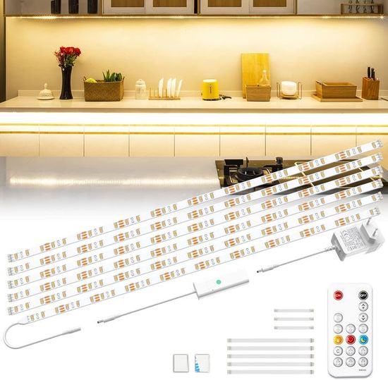 MOUJUCHI Kit 4 Spots LED Sous Meuble Sans Fil - Télécommande, Minuterie, Blanc Chaud - Éclairage Cuisine Placard
