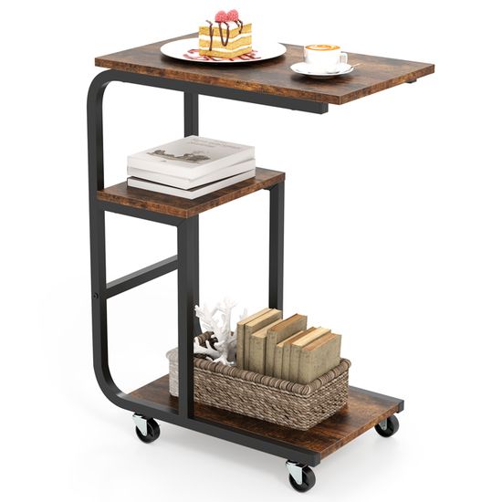 Table D'Appoint COSTWAY à Roulettes - Plateau Extensible, Prises USB, Marron