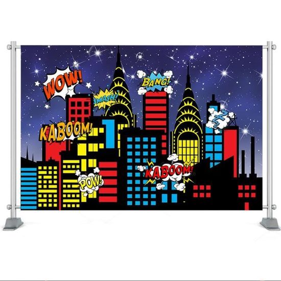 Toile De Fond Super Héros Worldly - 150x200cm - Polyester - Décoration Fête Enfant - Motif Ville