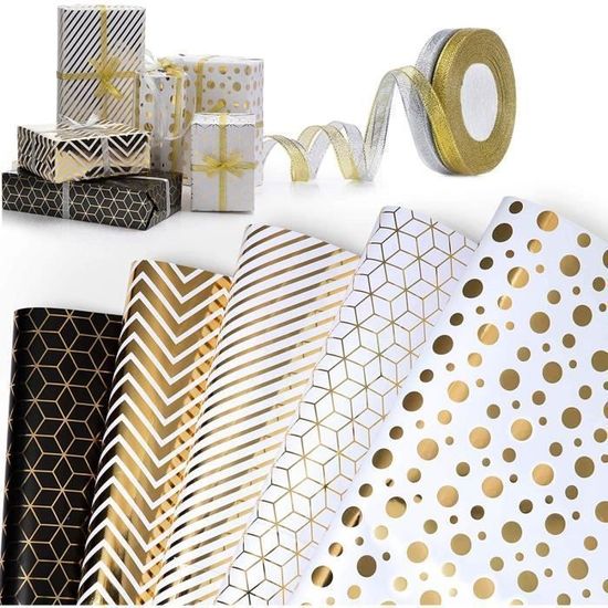 6 Feuilles Papier Cadeau, 2 Rouleaux De Ruban, 1Rouleaux