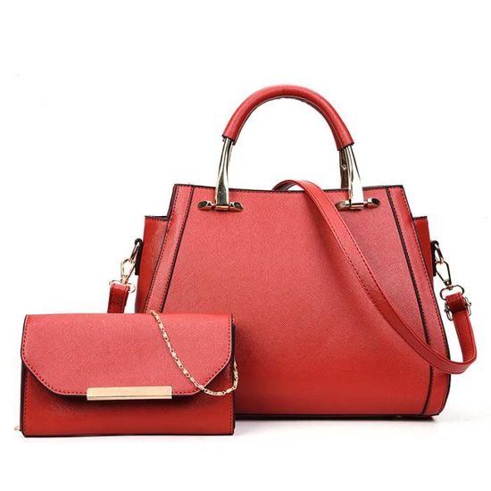 Sac à Main Femme Sublime Rouge Et Noir En Simili Cuir - Fourre-tout Avec Bandoulière