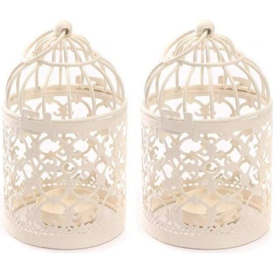 Lot de 2 Cage à Oiseaux en métal Photophore Lanterne Maison de Mariage Décoration de Table Blanc