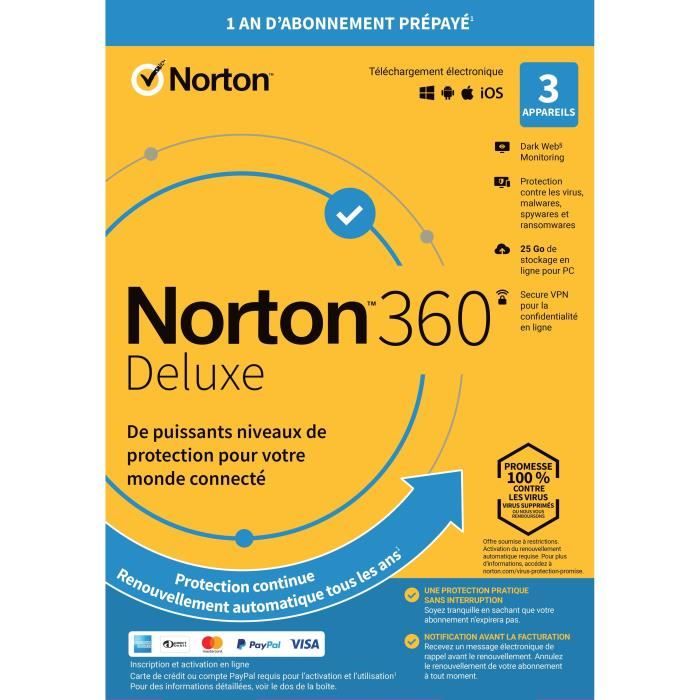 Antivirus NORTON 360 Deluxe - 25Go - 1 Utilisateur - 3 Appareils - 12 Mois (via clé d'activation env