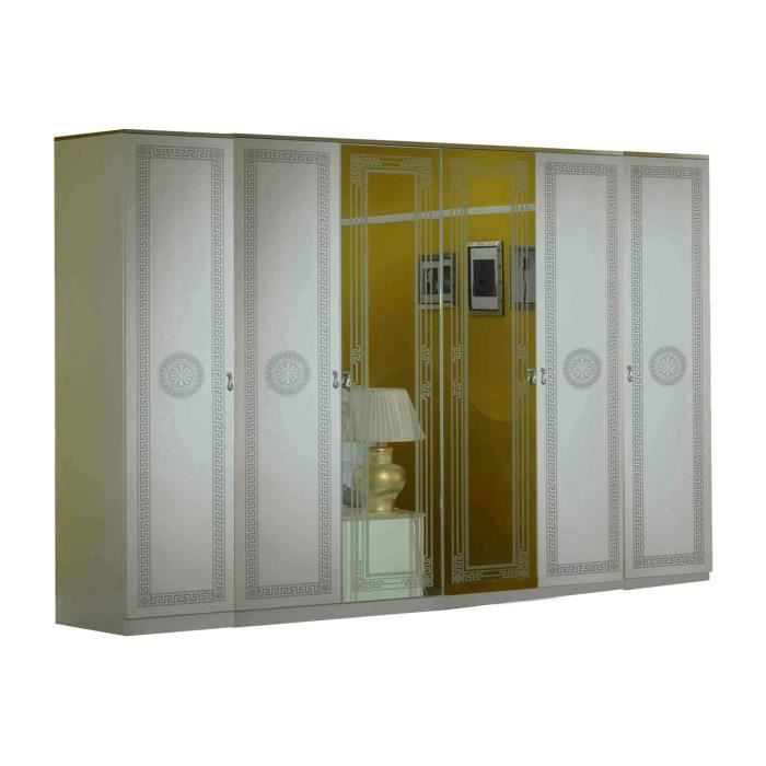 BELYNDA LAQUE BLANC ET ARGENT CHAMBRE À COUCHER BAROQUE : L'Armoire 6 Portes