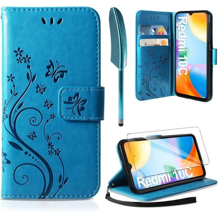 Coque en cuir la et le protecteur d'écran Xiaomi Redmi 10C à rabat en cuir PU avec fentes cartes Xiaomi Redmi 10CTD