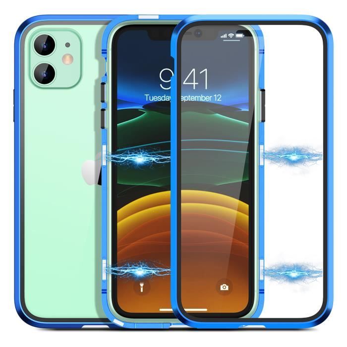 Coque iPhone 11 Adsorption Magnétique Verre Trempé Bumper Anti-Rayures Antichoc Bleu [Garantie Authentique: GrandEver]