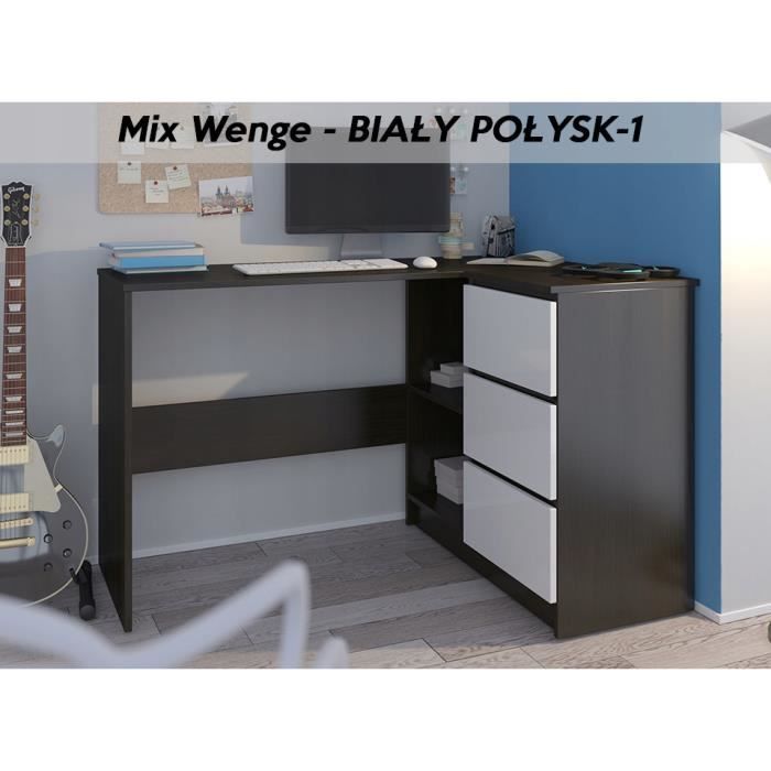 REX W - Bureau d'angle rangements + 3 tiroirs - 112x87x76cm - Table d'ordinateur forme de L -Wengé Blanc