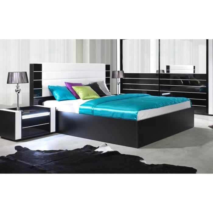 Lit adulte 180cm design LINN noir et blanc brillant + tête de lit en simili cuir 200 Noir