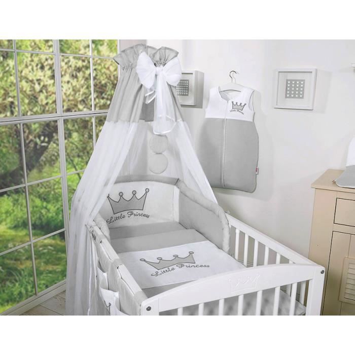 4 pieces Ciel en Voile Tour de lit bébé 140x70 Prince Gris Housses de couette 100x135 et d'oreiller 60x40