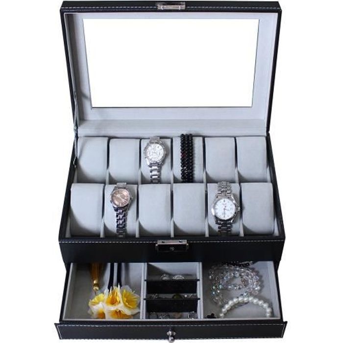 Boîte à Montres et Bijoux, Présentoir, 12 montres, tiroir à bijoux et vitre d'exposition, Gris, Dimensions: 30x20x14 cm