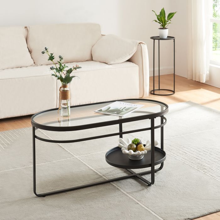 Table basse Kumla avec plateau ovale et étagère métal verre trempé 90 x 43 x 46 cm noir Table basse Kumla avec plateau ovale et étagère métal verre trempé 90 x 43 x 46 cm noir