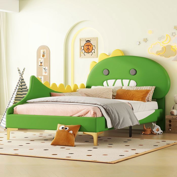 Lit jeune 90x200 cm Lit denfant Cartoon Dinosaur Form Lit plat PU Material Vert Lit jeune 90x200 cm Lit denfant Cartoon Dinosaur Form Lit plat PU Material Vert