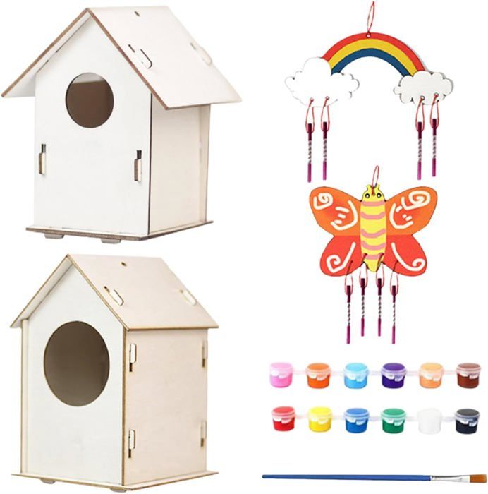 Kit Nichoir à Oiseaux DIY – 2 Nichoirs En Bois + 12 Peintures + Pinceaux – Dès 4 Ans