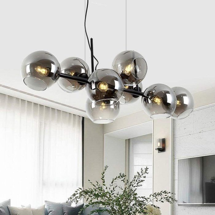 Homefire Suspension Verre Diam.105cm E27 8 Flammes Lampe Suspendue Salon Chambre Salle à Manger Boule de Verre Moderne Ambre