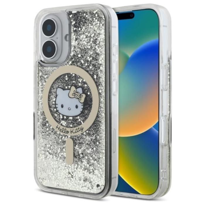 Coque pour iPhone 16 Hello Kitty Hardcase Liquid Glitter Fever MagSafe HKHMP16SLGDIK Or