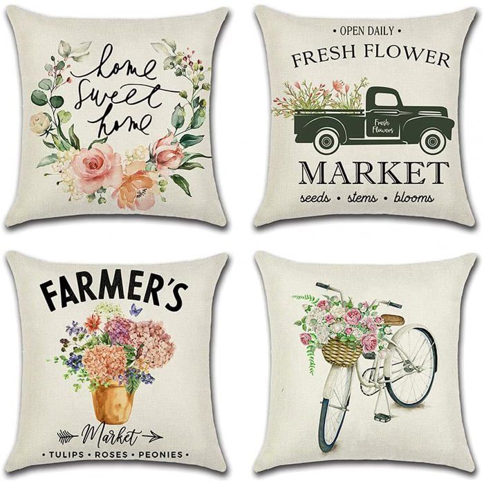 Extérieur Housse de Coussin Lot de 4 Fleurs Printanières et Roses Canapé Taie doreiller pour Patio Jardin Salon 60x60