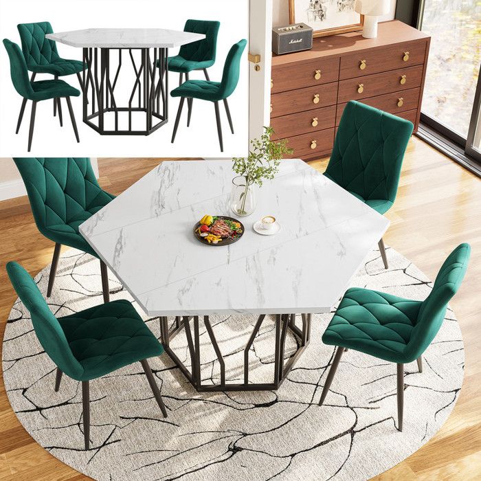 Table Salle à Manger - Hexagonale - Noir - 4 Chaises Velours Vert - MDF Motif Marbre
