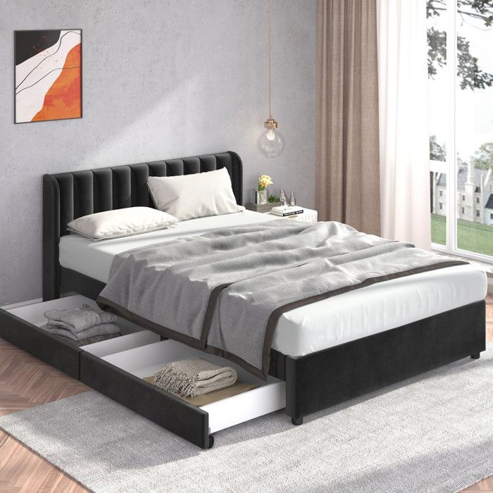Lit rembourré en velours 140x200 cm lit adultes avec 2 tiroirs et tête de litlit double 140x200cm avec sommier à lattesNoir