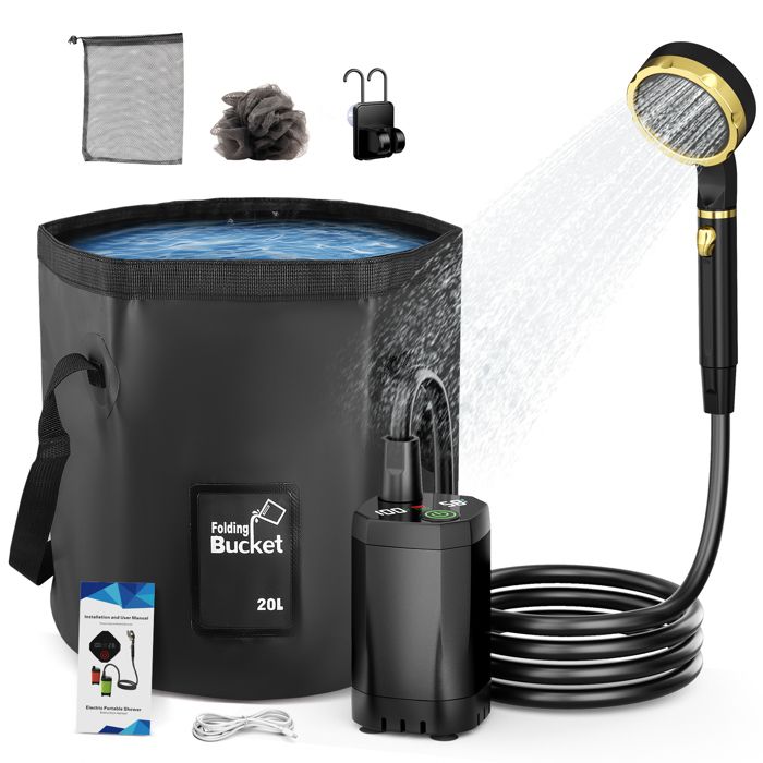 20L Douche de Camping Douche Portable Électrique chauffante Rechargeable Kit Douche de Camping pour Extérieure Camping Randonnée