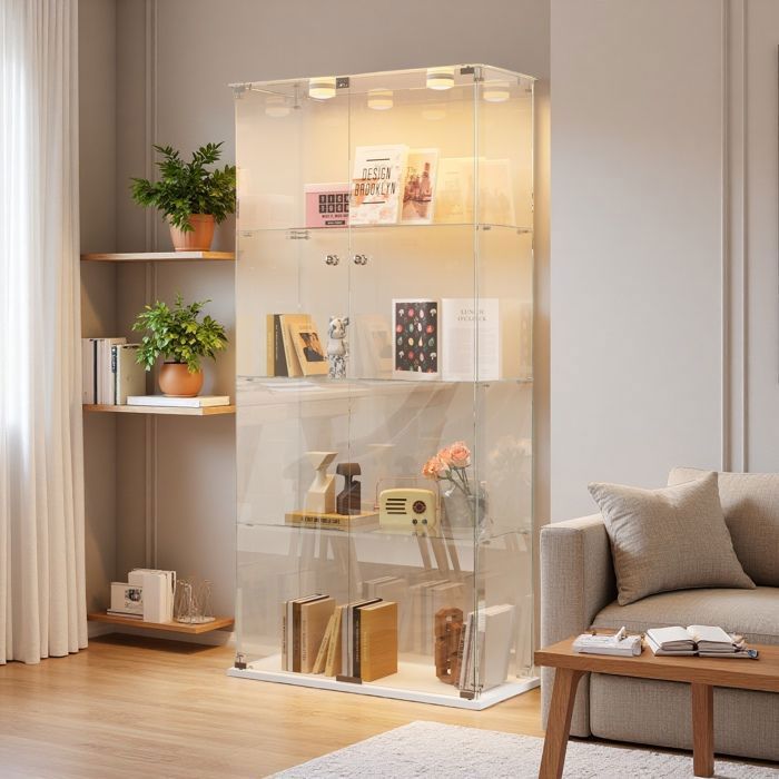 Vitrine en Verre LED ADWOLT 78.5x35x163cm Vitrine pour Collection avec Serrure 2 portes 4 étages lampe à tapoter Blanc