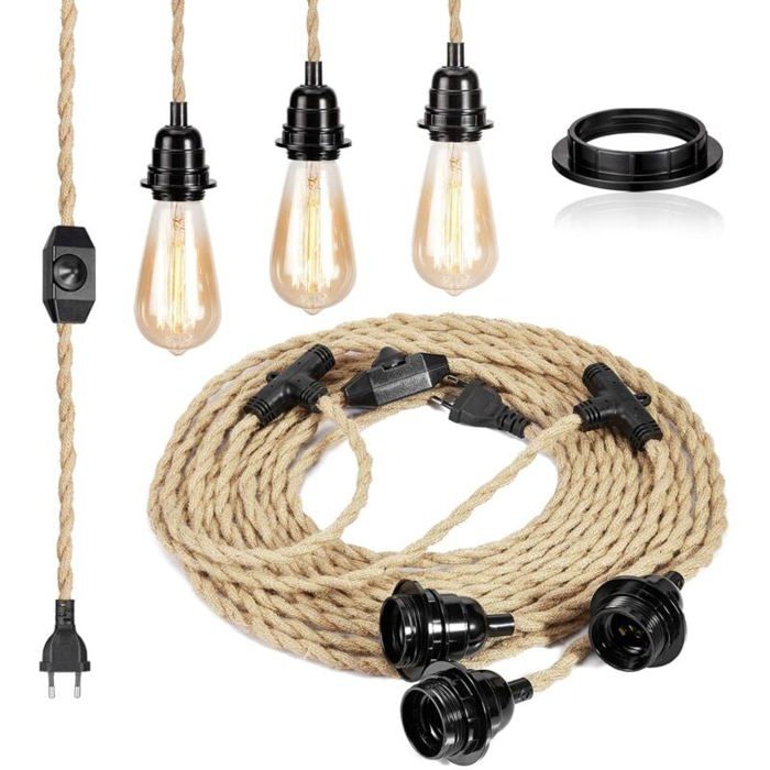 6.8M Câble électrique en lin 2 Conducteurs avec E27 Douille et Interrupteur pour DIY Lampe(sans ampoule)