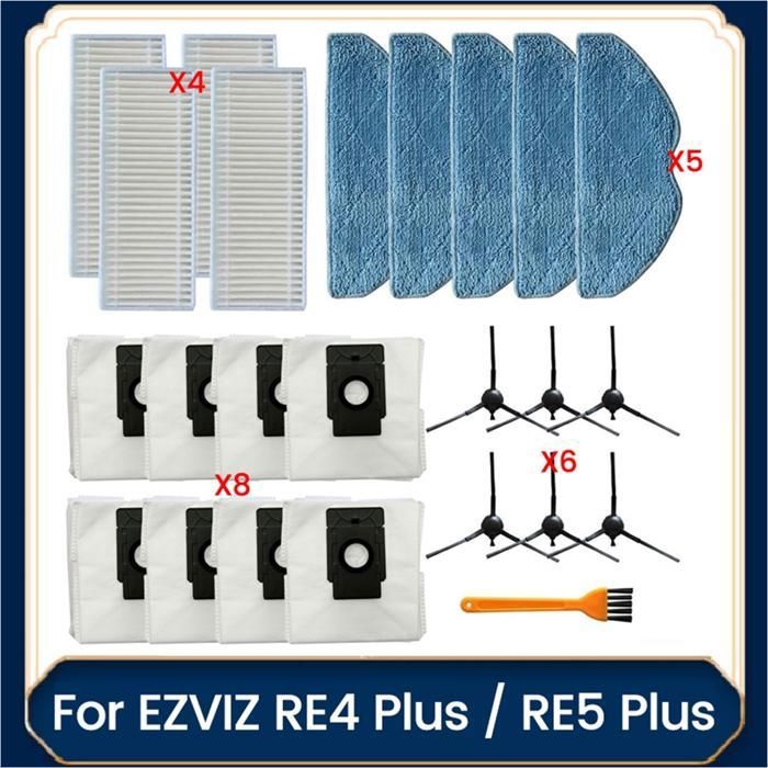 Kit Pièces De Rechange Pour Robot Aspirateur EZVIZ RE4 Plus/RE5 Plus - Brosses, Filtres, Lingettes, Sacs à Poussière - Entretien Et Maintenance