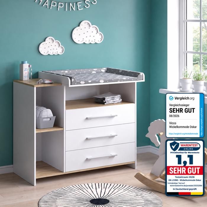 Commode à langer Oskar 113x93cm avec 3 tiroirs Blanc/Chêne de force doré Vicco 55591 Commode à langer Oskar 113x93cm avec 3 tiroirs Blanc/Chêne de force doré Vicco 55591