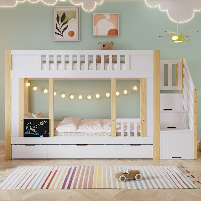 Lits superposés enfants 90x200cm - Avec 3 tiroirs - Un petit tableau noir - Escalier avec rangement - Blanc+Naturel(sans matelas)