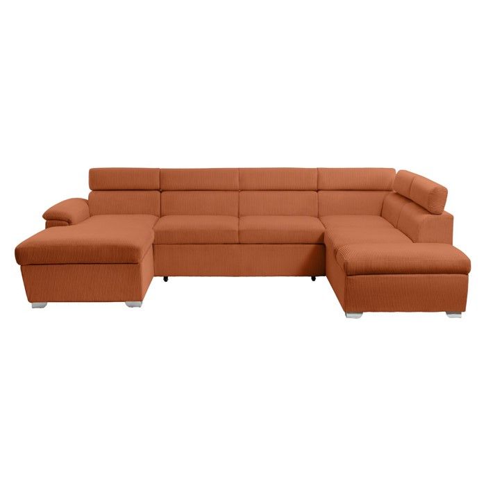 Canapé panoramique PAOLA 6 places convertible avec 2 coffres en velours côtelé terracotta
