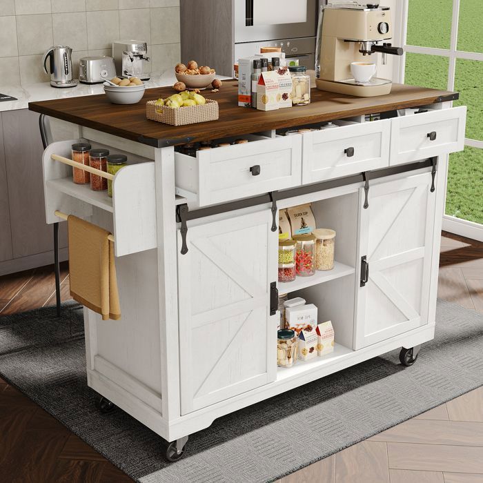 Desserte de Cuisine 140 cm avec Table Pliable 3 Tiroirs et Portes Coulissantes Meuble de Cuisine sur Roulettes Style Rustique Desserte de Cuisine 140 cm avec Table Pliable 3 Tiroirs et Portes Coulissantes Meuble de Cuisine sur Roulettes Style Rustique