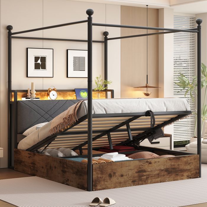 Lit double - TRUXEN8 - Multifonctionnel - Baldaquin - LED & USB - Noir