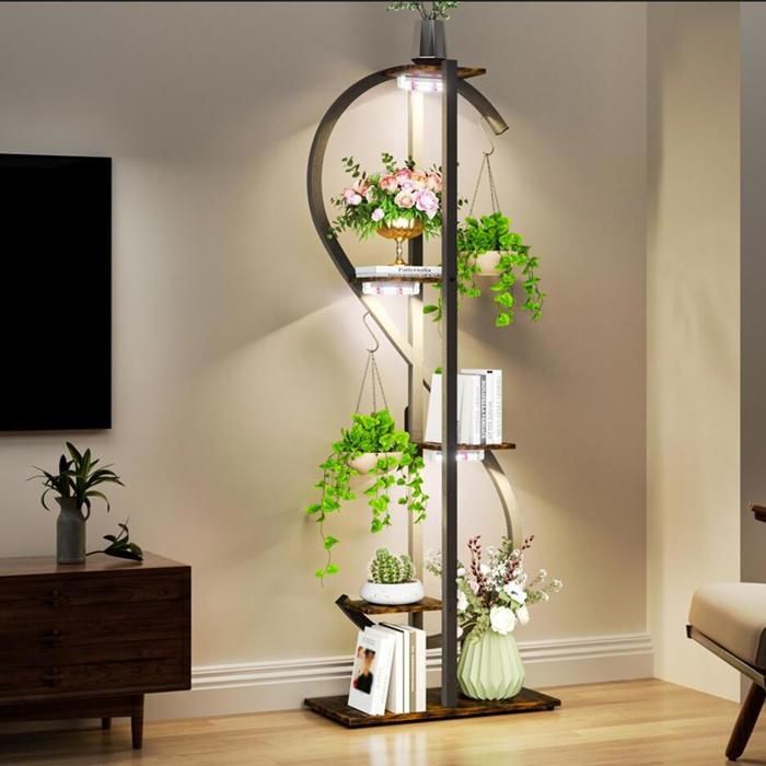 Porte plante - UNHO - Support 6 niveaux - Lampe croissance spectre complet - 55x26x153 cm - Métal & aspect bois