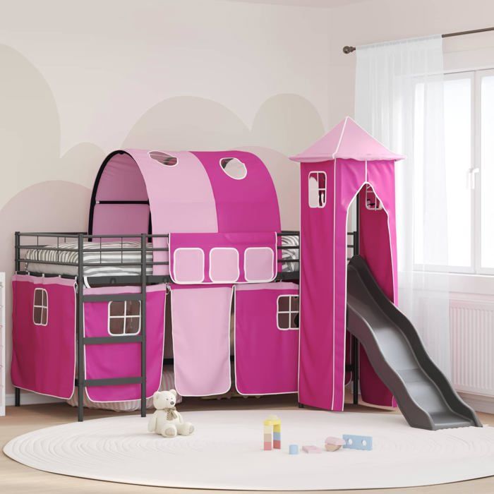 Lit mezzanine enfant - vidaXL - Noir et Rose - Métal robuste - Toboggan intégré - Tour de jeu - Rideaux pour intimité