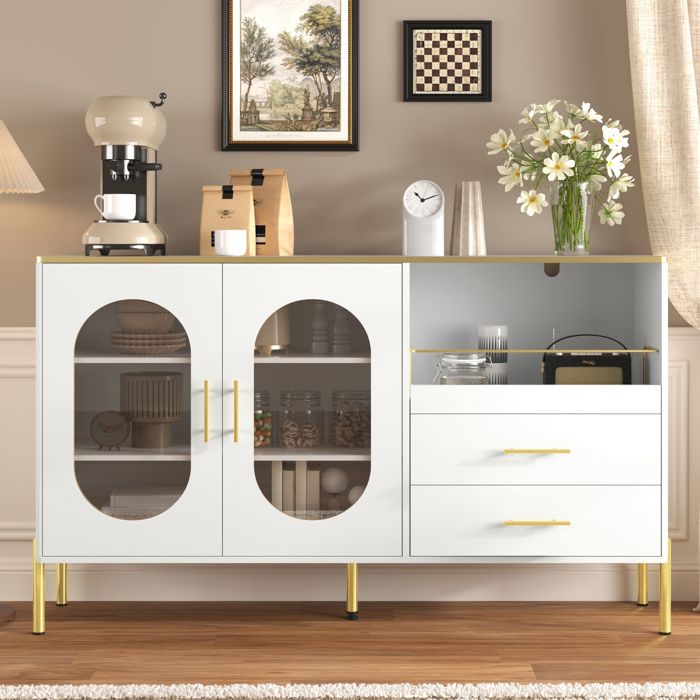 Buffet élégant avec 2 Tiroirs et 2 Portes vitrées Commode Grand espace de rangement Pieds dor 140x38x90 cm