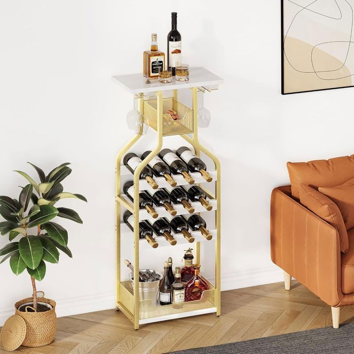 Casier à bouteilles petit étagère à 6 niveaux pour 12 vins avec porte‑verres étagères de rangement & mini bar Doré