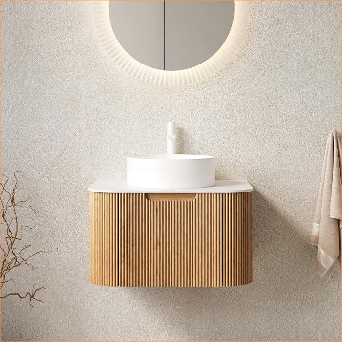 Meuble Vasque Badezimmer DINA 61cm - Keramik Becken 36cm - Carrara Arbeitsplatte - Streifen Sperrholz - Blanc/Naturel