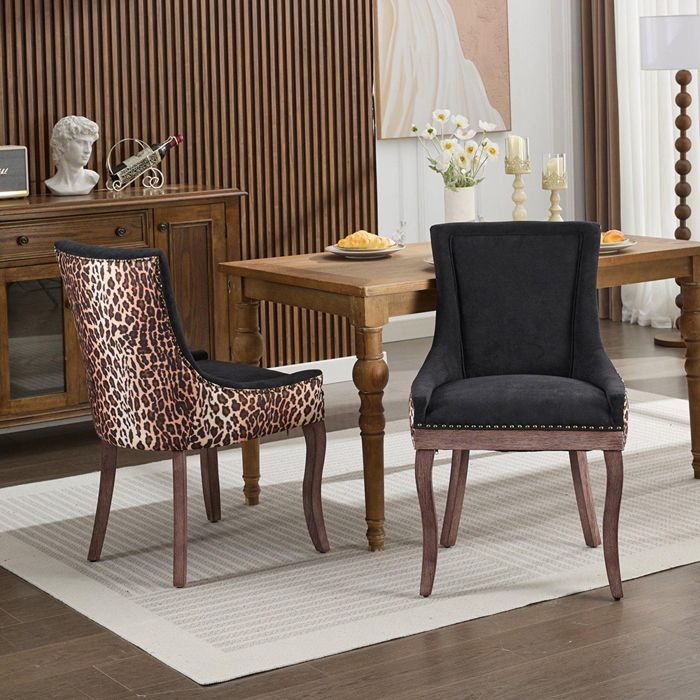 Chaises de Salle à Manger - Lot de 2 - Chaise de Cuisine - Pieds en bois massif - Assise rembourrée en chenille - Léopard