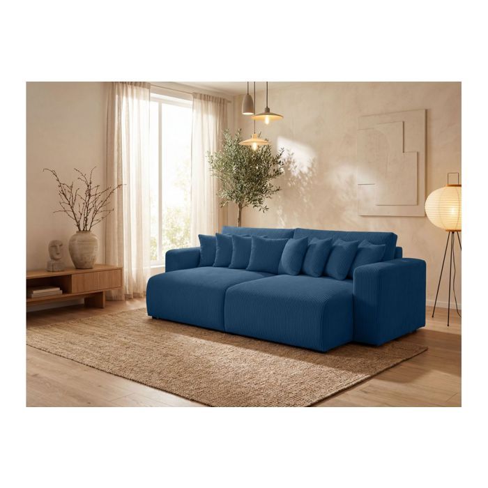 Canapé droit 4 places JADE double méridienne et assise profonde en velours côtelé - Bleu foncé
