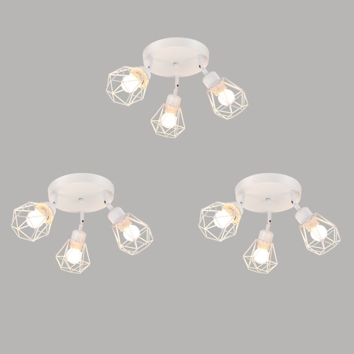 iDEGU 3pcs 3 Spot de Plafond Industrielle Lampe de Plafond Vintage en Métal Abat-jour en Cage Lustre Spot pour Chambre Cuisine Blanc