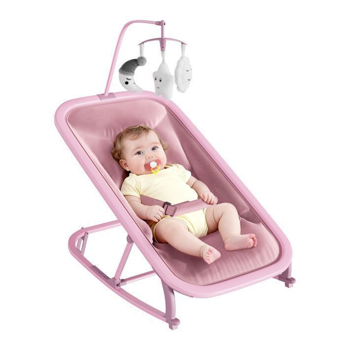 Transat bébé aluminium avec balancelle – Dossier réglable barre de jeux housse amovible confortable rose– Dès la naissance