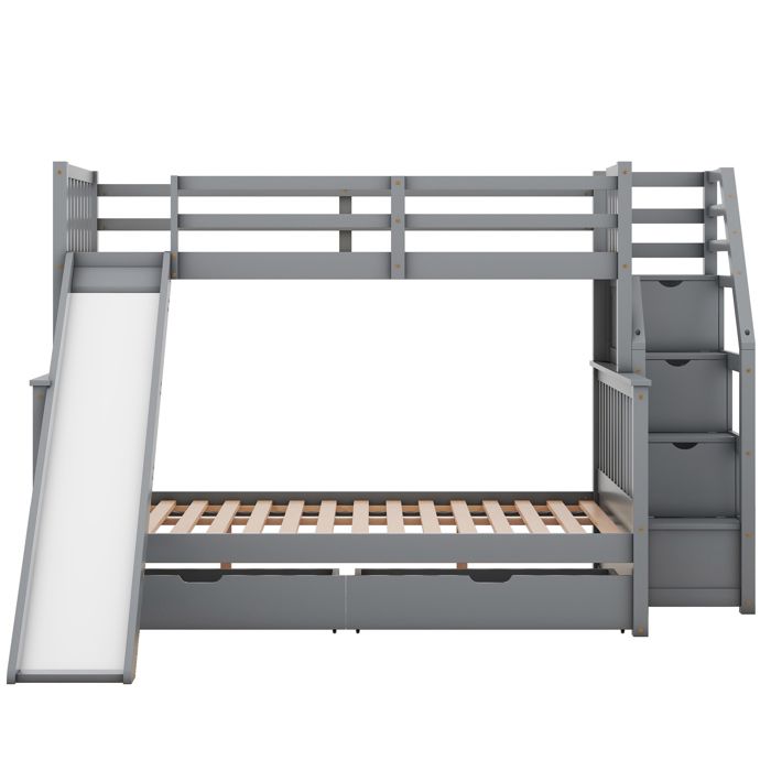 Lit Superposé 90x200 cm - Lit enfant et Ados avec Glissières et Tiroirs - Armoires de Rangement Incluses - Gris