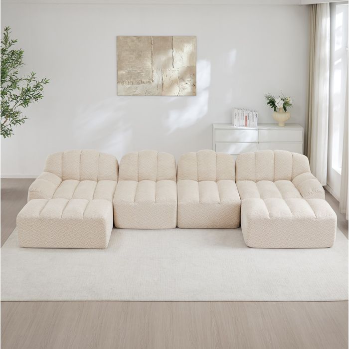 Canapé modulable 4 places blanc beige en velours côtelé forme U avec 2 ottomans sans montage