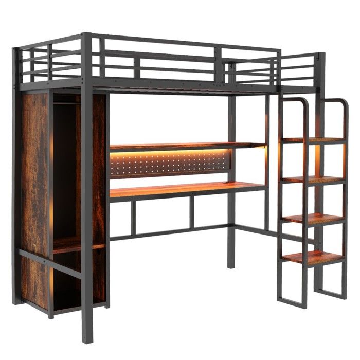 Lit mezzanine métal 90x200 cm noir escalier vertical bureau perforé LED multicolore étagère armoire lit simple Sans Matelas