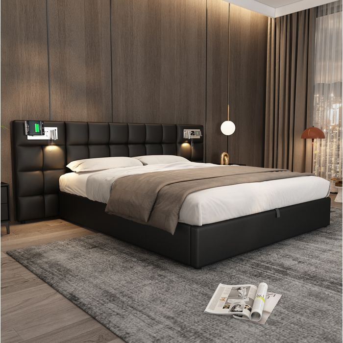 Lit rembourré noir 180 × 200 avec rangement hydraulique USB charge sans fil sans matelas